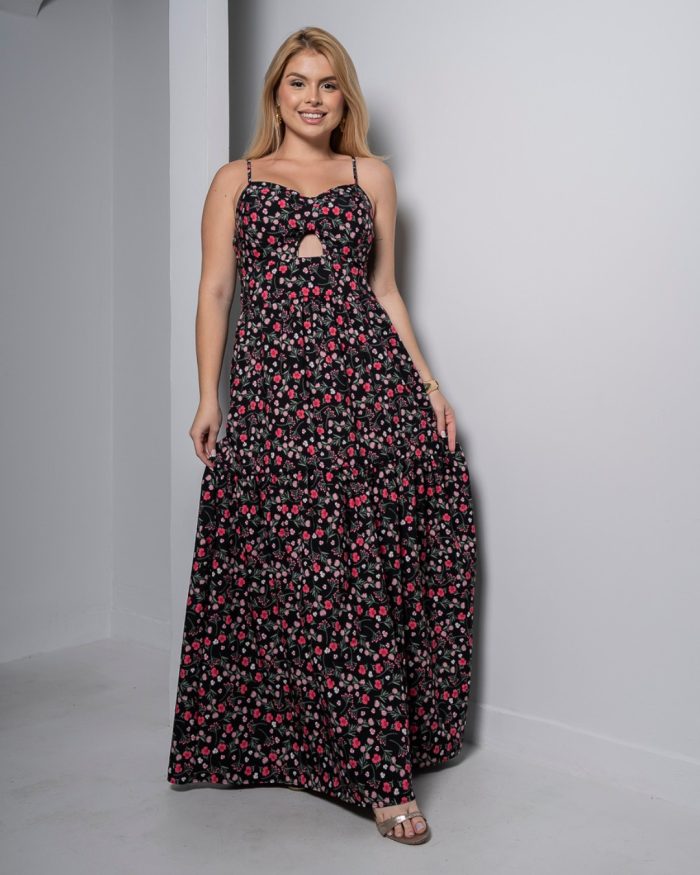 vestido longo preto floral com bojo e alças finas – tamanho Único