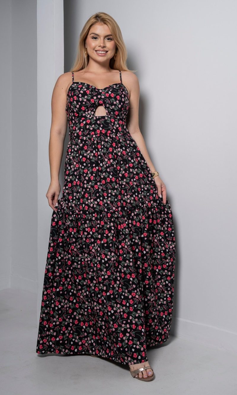 vestido longo preto floral com bojo e alças finas – tamanho Único