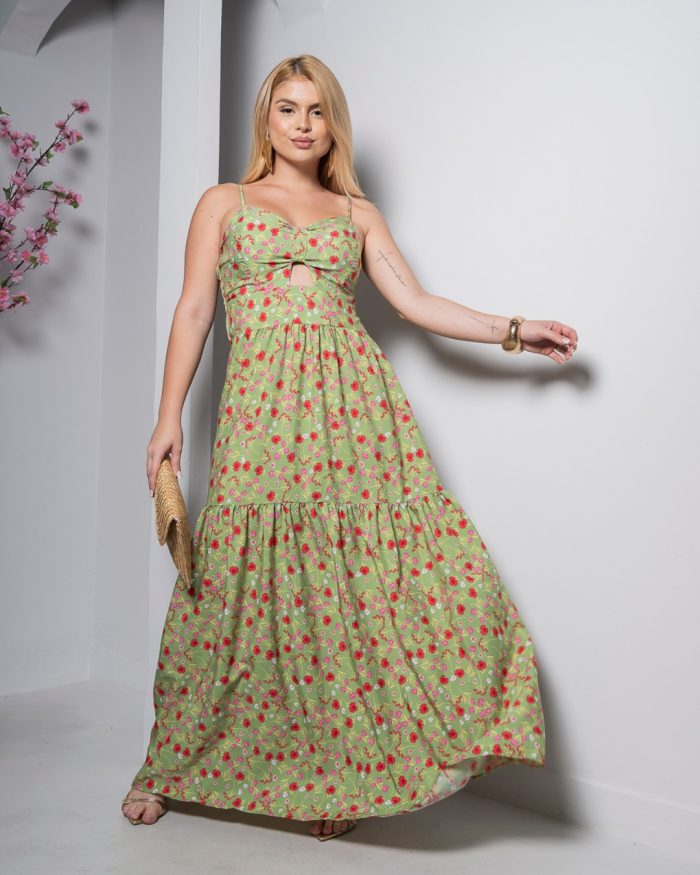 vestido longo floral verde com bojo e alças finas – tamanho Único