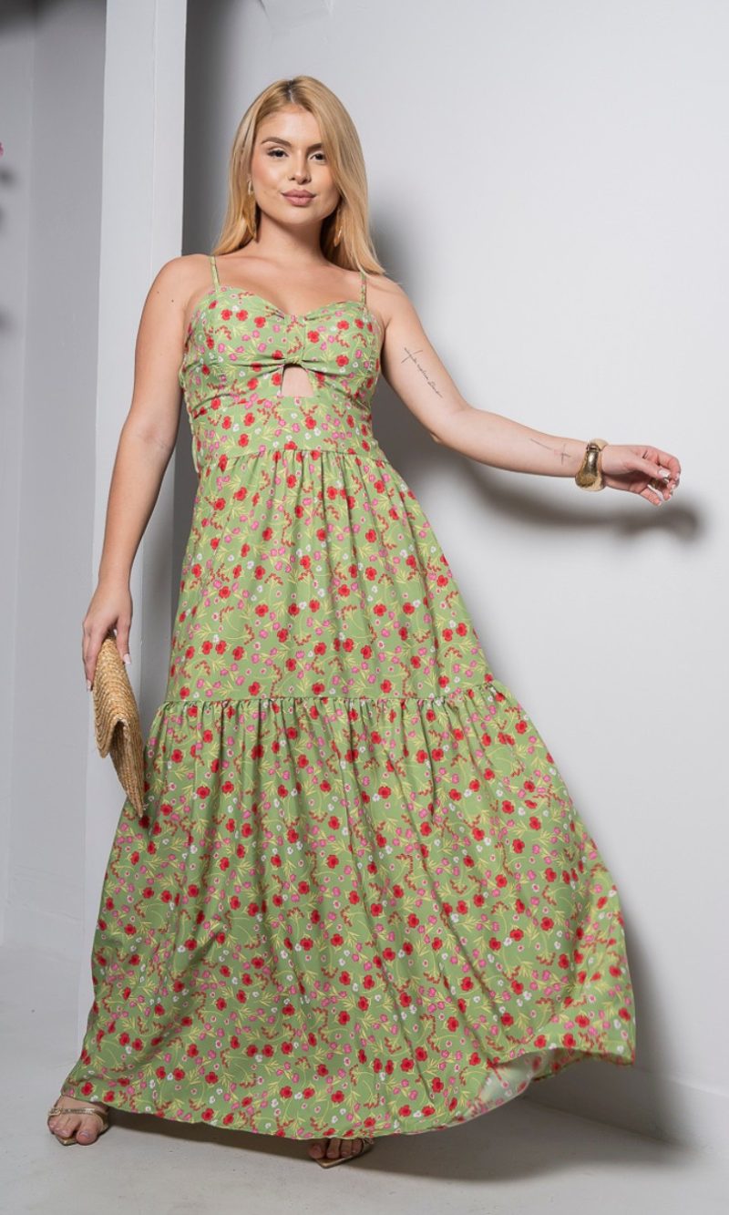 vestido longo floral verde com bojo e alças finas – tamanho Único