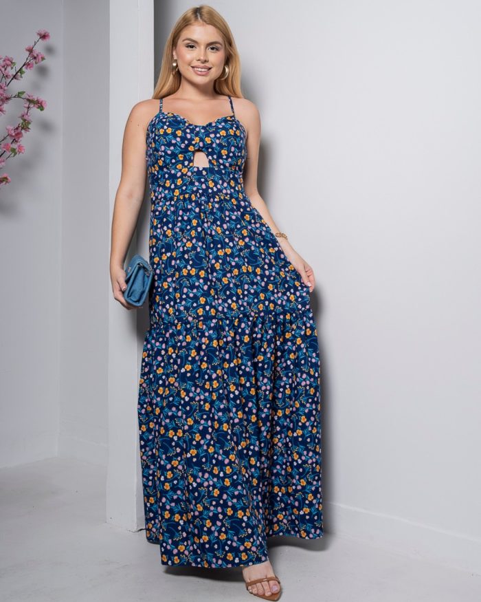 vestido longo azul floral com bojo e alças finas – tamanho Único