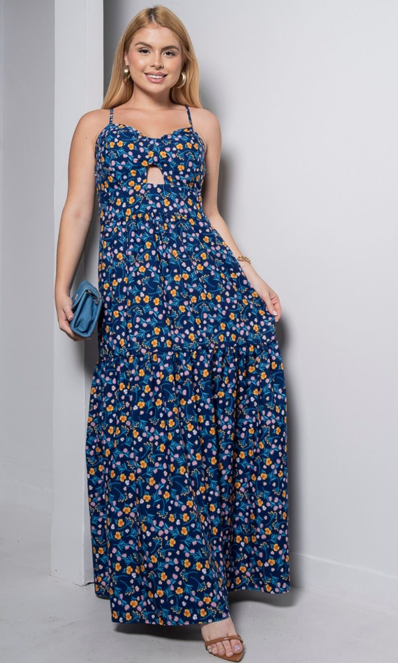 vestido longo azul floral com bojo e alças finas – tamanho Único
