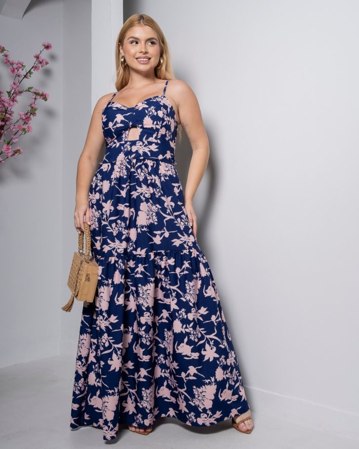 vestido longo azul marinho floral com bojo e alças finas – tamanho Único vestido longo azul marinho floral com bojo e alças finas – tamanho Único