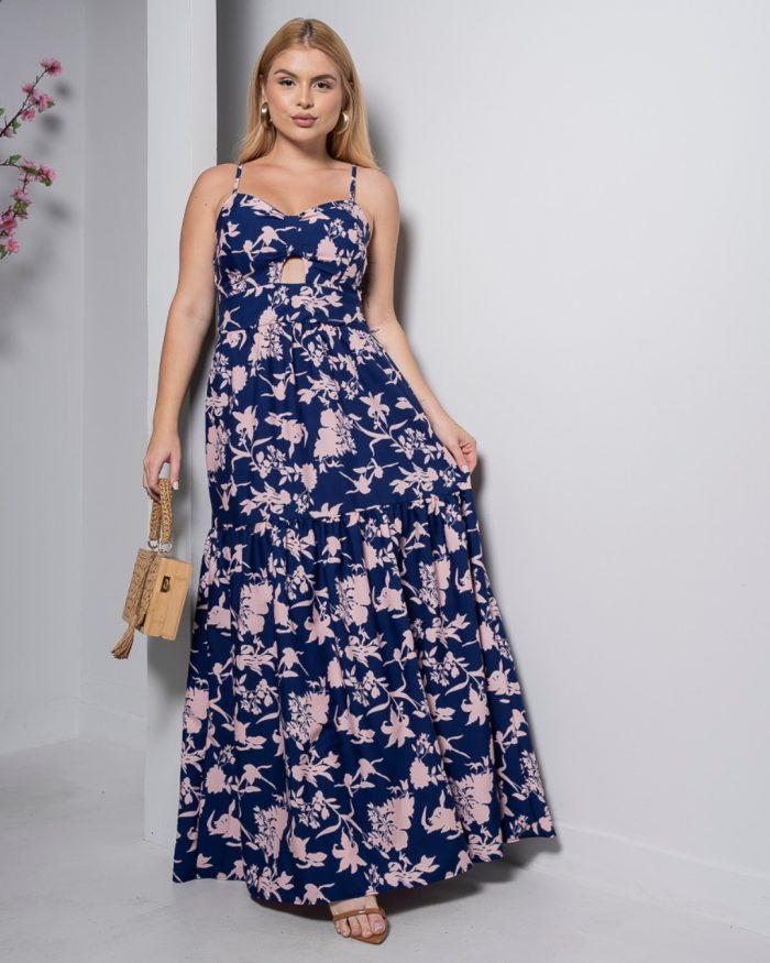 vestido longo azul marinho floral com bojo e alças finas – tamanho Único