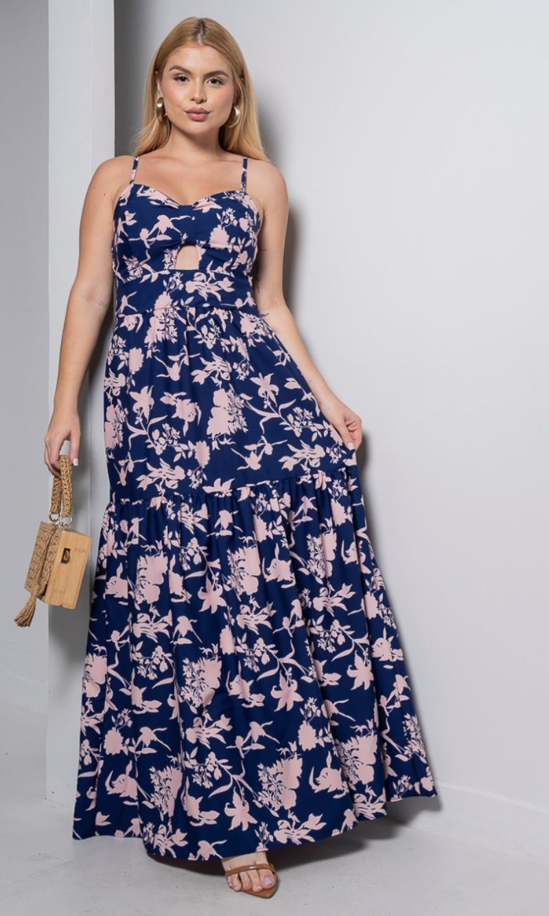vestido longo azul marinho floral com bojo e alças finas – tamanho Único